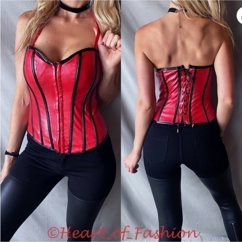 SEXY Corset Lace Up Boned Bustier Sweetheart Neck Fitted Adjustable Top Red